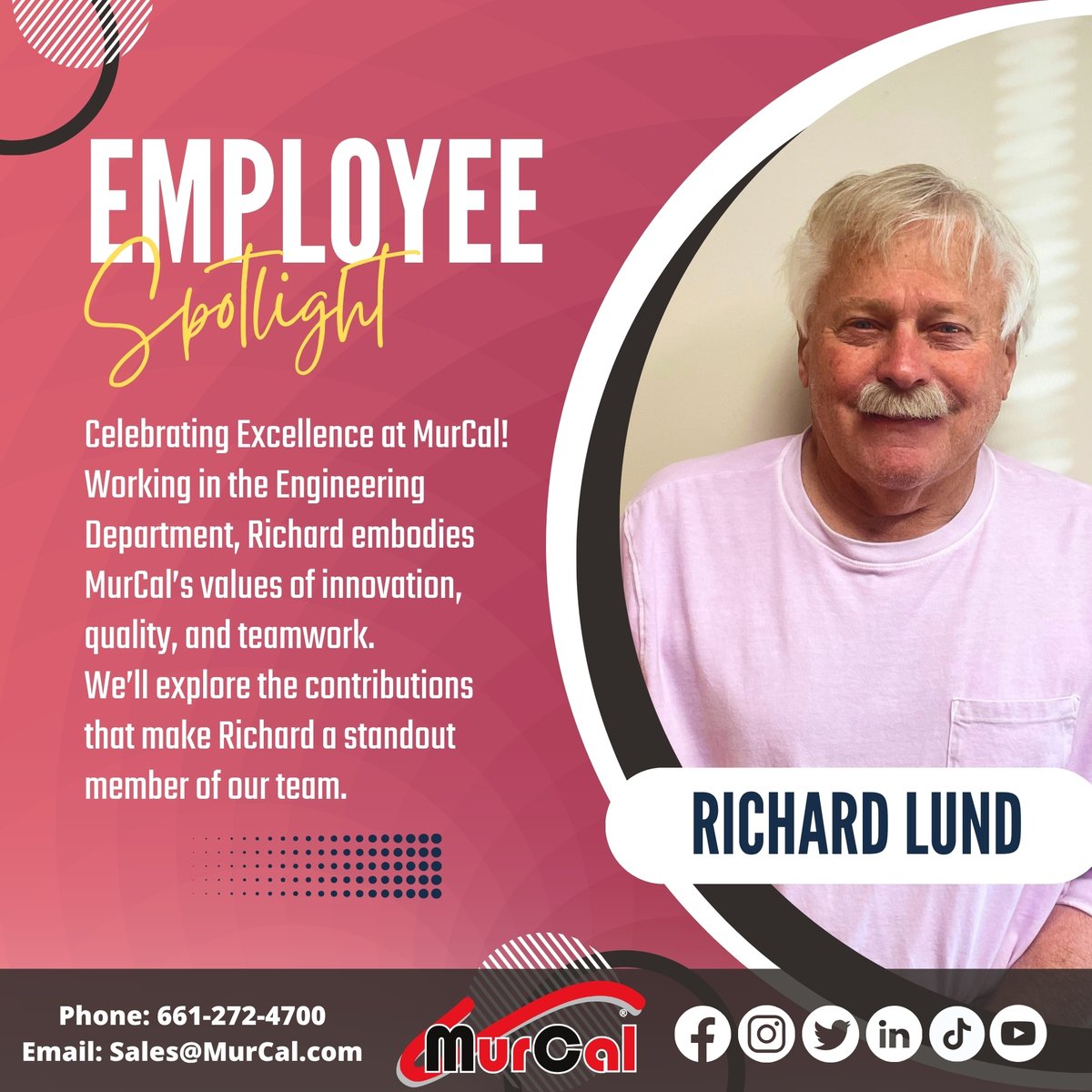 murcal's tweet photo. Celebrating excellence at MurCal! 🌟
This month, we are thrilled to feature Richard Lund as our Employee of the Month. From his 50-year career journey to his dedication in our Engineering Department, Richard embodies MurCal’s core values.

https://t.co/xP2ApIIRpy

#MurCal https://t.co/wAF8qdLJmH