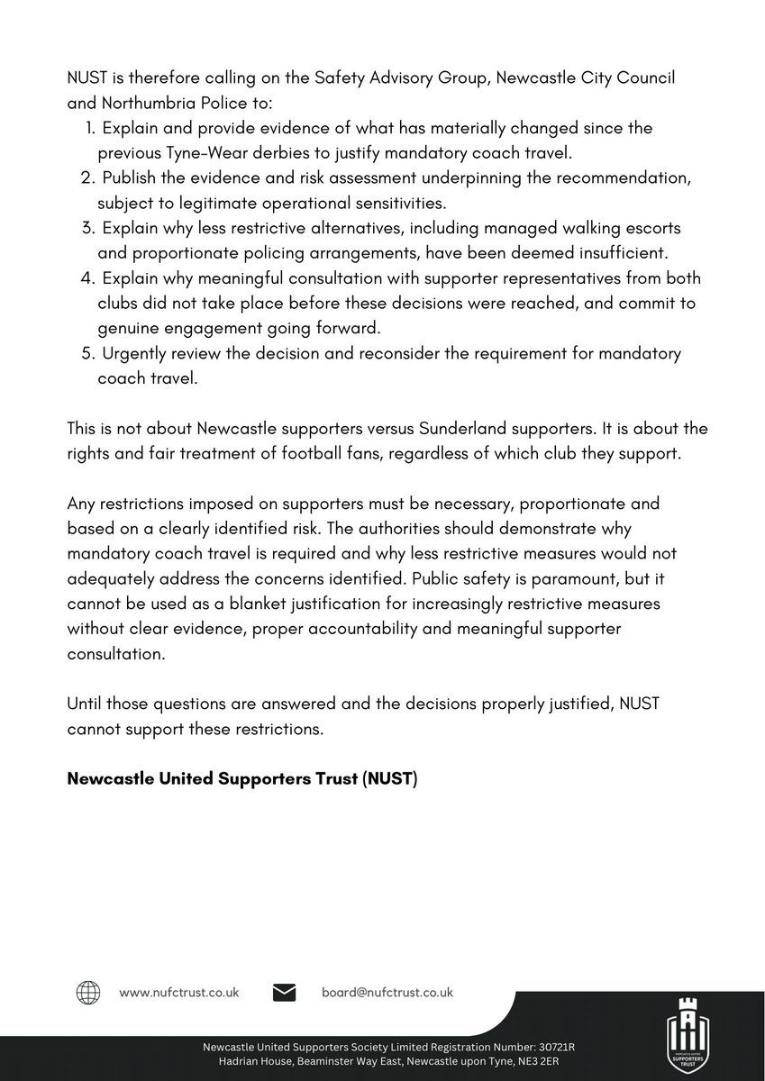 nufctrust's tweet photo. Please find a statement below. 

NUST strongly opposes the decision to impose mandatory coach travel on Sunderland supporters attending the Tyne-Wear derby at St. James' Park on 6 December 2026. #NUFC https://t.co/SsV6E5309m