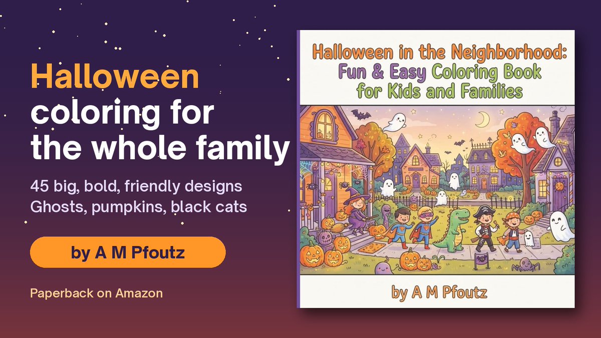 AaronPfout31130's tweet photo. Ann Marie's Halloween in the Neighborhood coloring book is a fun one for the kitchen table: 45 big, bold pages of friendly ghosts, grinning pumpkins and black cats, easy for little hands and grandparents alike. 🎃

https://t.co/IlPzQbRRlj

#Halloween #ColoringBook https://t.co/CQA761pdFE
