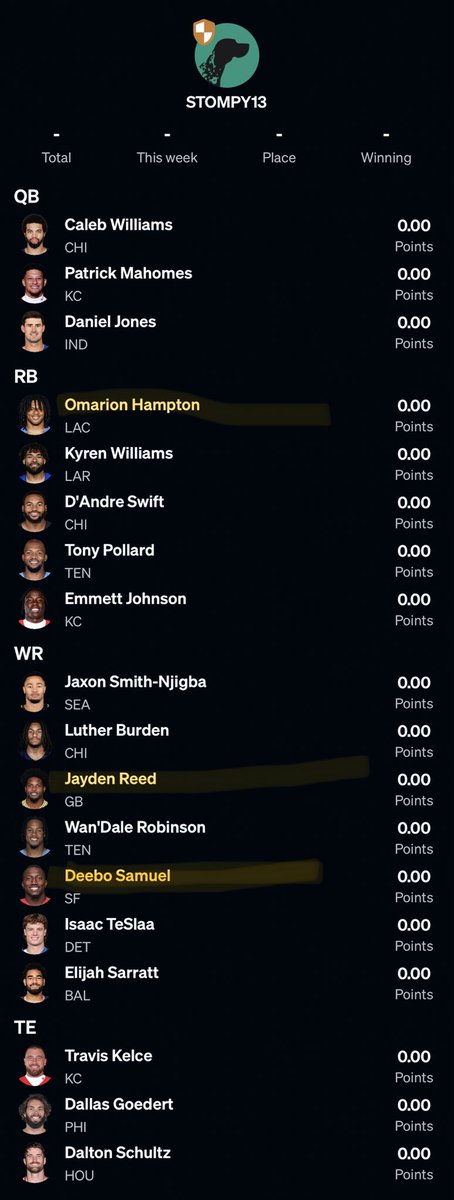 reasonlocker's tweet photo. Here is my single surviving Elim teams matchup for week 7

I am missing a lot with the bills being on bye week.

This is likely going to come down to what the Bears do against the Patriots. If the Patriots can keep it a low scoring affair I like my chances even without by Bills stack

If this team advanced this week I will have almost all of my core pieces through their bye week. (Walker, cook, Josh, Moore, Diggs, Hockenson)