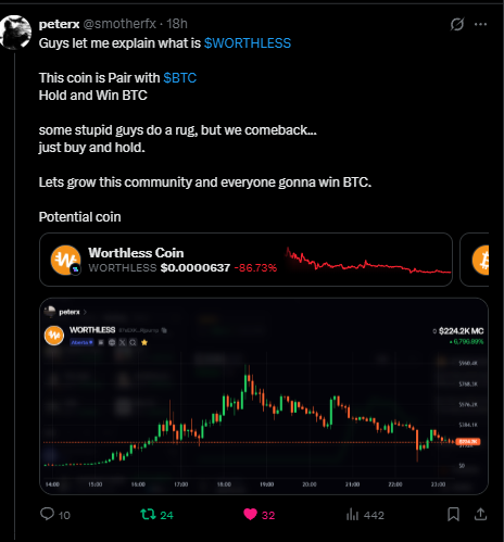 smotherfx's tweet photo. solana:87sEXKPMBeoryaqFQQnq1Yq6mUvjeNzhiFGxJbRjpump 

I dont gonna do CTO.
But just to say.

This coin is the most potential coin i ever see.
why ?
its simple 

You Hold worthless - You win bitcoin:native 
If community dont do stupid and panic sells , we can easy get millions.
⛏ https://t.co/YBsK61LBPe