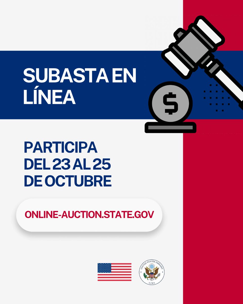 USEMBASSYPERU's tweet photo. La Embajada de los Estados Unidos en Perú pone a disposición una selección de bienes en exceso del gobierno estadounidense en una subasta 100% online.
📅: Del 23 al 25 de octubre
➡️ Más detalles aquí: https://t.co/k3PNsESQMb
¡No te pierdas esta oportunidad! https://t.co/7A53gMQP8y