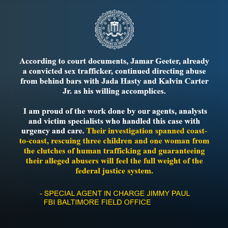 FBIBaltimore's tweet photo. Three People Charged in Conspiracy to Commit Sex Trafficking of Minors and Related Charges
@FBIBaltimore's Delaware Violent Crime and Safe Streets Task Force and @DEStatePolice are investigating the case.
Read @TheJusticeDept release: https://t.co/n8SL5hiZpY @USAO_DE https://t.co/8JJXTDKp9n