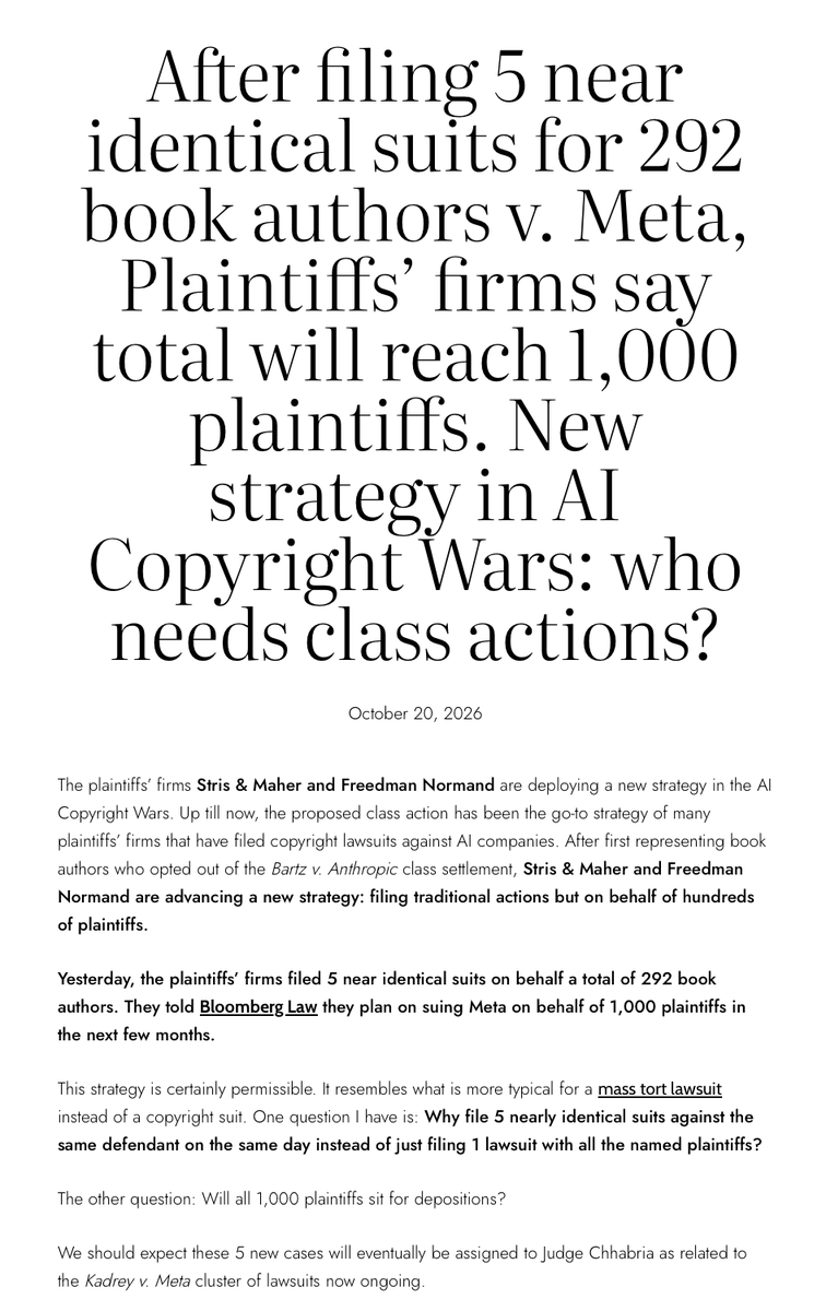 AdamEisgrau's tweet photo. With 5 (count 'em) near identical suits filed in one day by 2 firms, mass tort theory, @edleeprof reports, may be the next big thing in the gen AI © legal "wars," noting @IsaiahPoritz's coverage for @BLaw: https://t.co/kPt4b7uuSQ