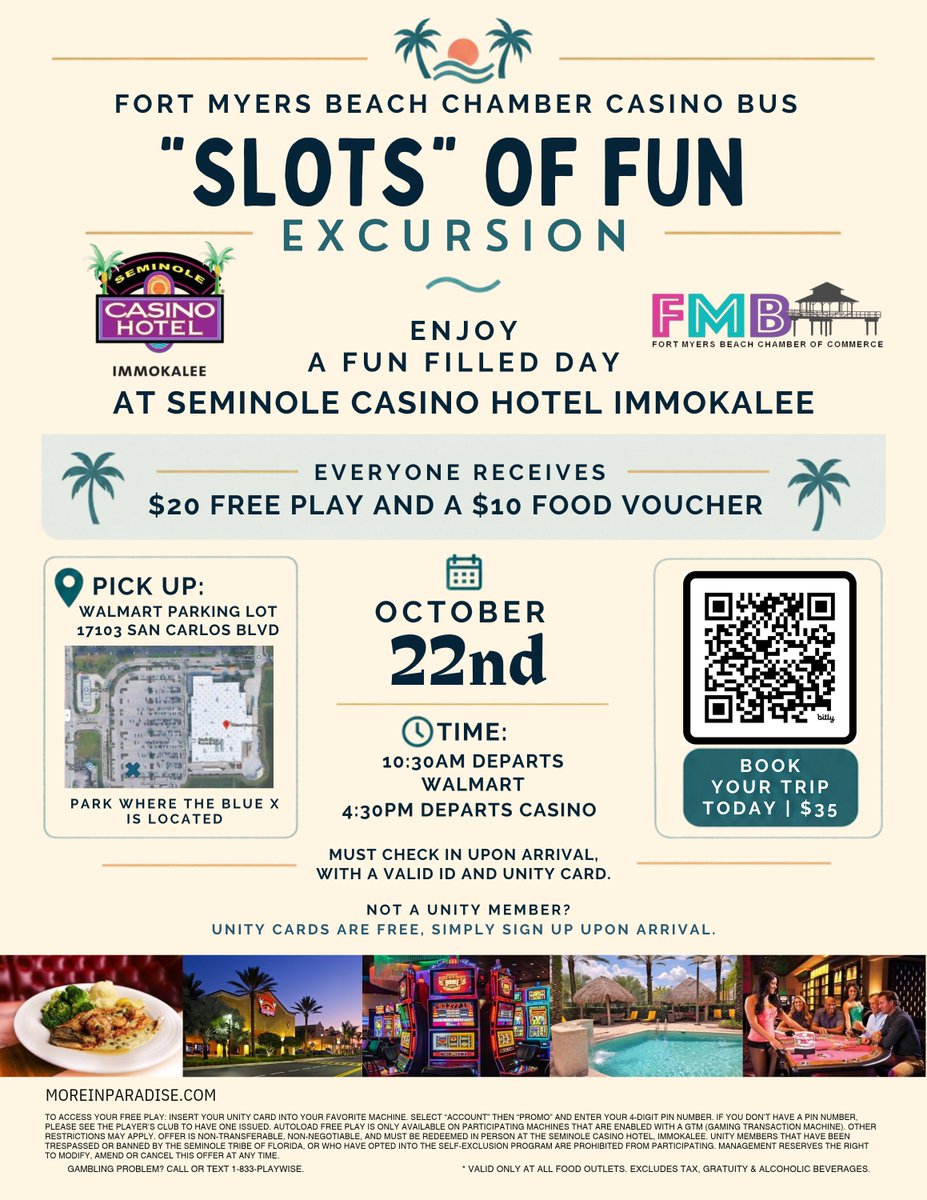 FMB_Chamber's tweet photo. 🎰 Ready for a “Slots of Fun” day trip? There's still time to sign up and enjoy a full day at @SemCasImmokalee!

🚌 Date: October 22

Open to the public!
REGISTER HERE: https://t.co/QpHv53tYGP

#visitfmb #fmbchamber #fortmyersbeach #casinotrip #communityevents https://t.co/MRM2TTF7XO