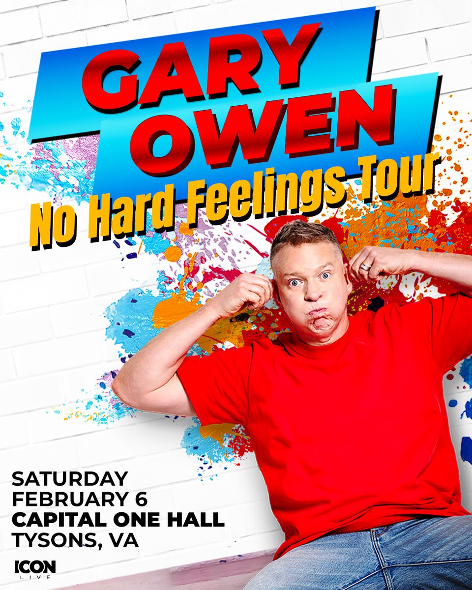 CapitalOneHall's tweet photo. JUST ANNOUNCED 🚨: Get ready to laugh ‘til it hurts 🤣 the one and only @garyowencomedy is bringing his No Hard Feelings Tour to Capital One Hall on Feb. 6! 🔥

🎟 Tickets on sale to the general public this Fri, Oct 23 @ 10AM. https://t.co/jq0FNOohZ3