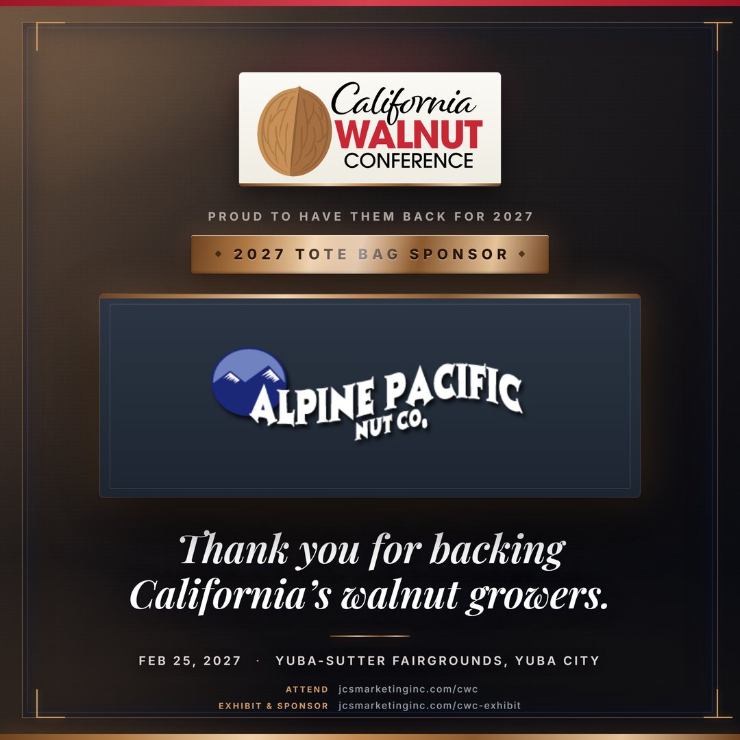 my_ag_life_ca's tweet photo. Welcome back, Alpine Pacific Nut Co. ๐ค They're the 2027 Tote Bag sponsor of the California Walnut Conference. Feb 25 ยท Yuba-Sutter Fairgrounds, Yuba City #CWC2027 https://t.co/UgByFcSaLo