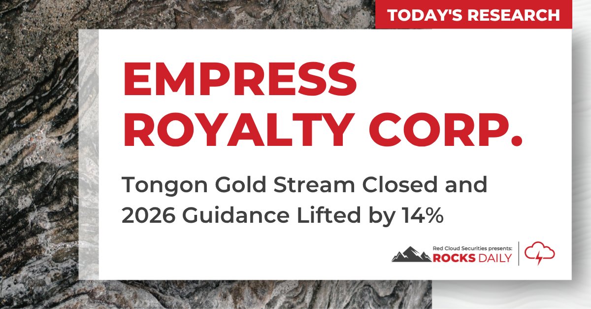 RedCloudSec's tweet photo. .@EmpressRoyalty_ closed its US$62M gold stream on Tongon, a producing Cote d'Ivoire gold mine, funded by a US$55M draw on its US$75M Appian facility. 2026 guidance rose 14%, with first gold flows expected this quarter. We view this as a sign management is confident in Atlantic's near-term delivery. The December mine plan is the next catalyst for $EMPR's 3.58% stream. Details: https://t.co/oe82PikOdf