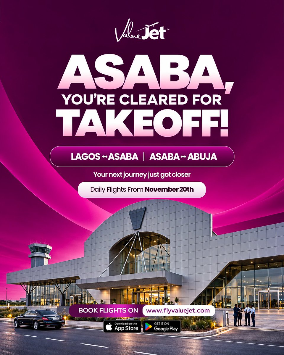 flyvaluejet's tweet photo. Asaba, cleared for takeoff!✈️

Your next journey just got closer… Enjoy daily flights between Lagos and Asaba, and Asaba and Abuja, starting 20th November. https://t.co/397nRA0aCc