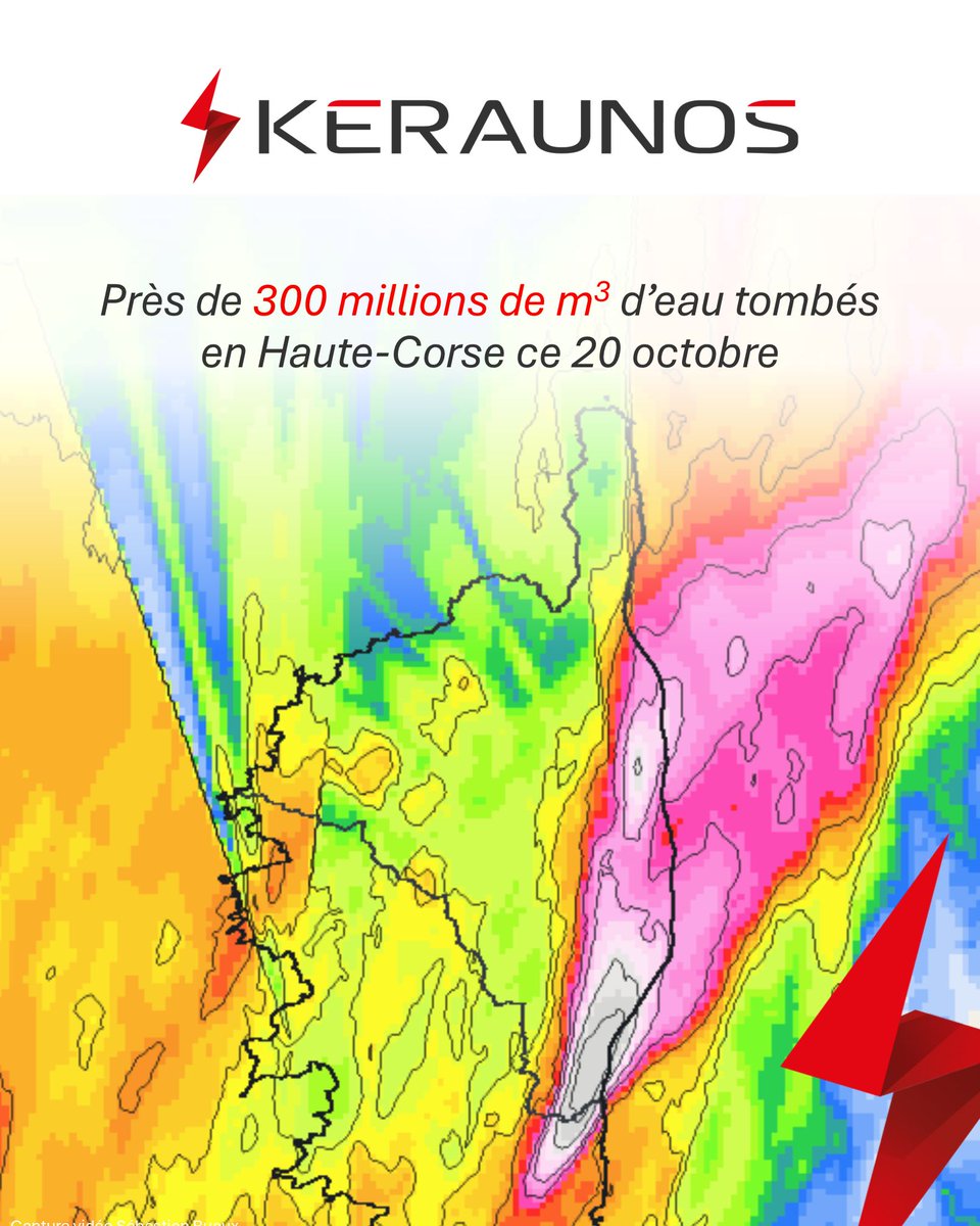 KeraunosObs's tweet photo. Bilan de l'épisode orageux diluvien en Corse : records nationaux de pluviométrie, jusqu'à plus de 550 mm à Solenzara (pointes estimées à plus de 650 mm).

L'orage a produit 16 705 éclairs dont 5 158 impacts de foudre au sol. Le pic d'activité a été atteint à 9h15 UTC avec près de 1 500 éclairs détectés en 15 min. Solaro est l'épicentre de l'activité orageuse.

Plus de détails ici : https://t.co/y0YhfydVCa