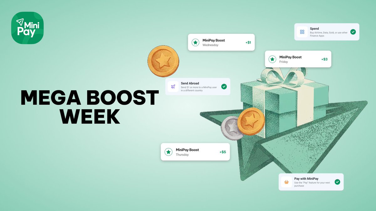 minipay's tweet photo. 📢 Mega Boost Week is back!

Hold $500+ in MiniPay and earn up to double the rewards, for one week only.

More rewards. More winners. More reasons to deposit. https://t.co/g4KbzZcddL