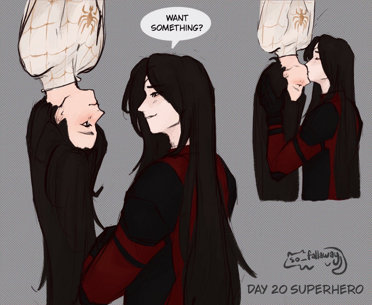 so_fallaway's tweet photo. AU-tober Day 20 - Superhero 

spideypool hualian 🤭 someone (both) wanted a kiss after saving the day #hualian #tgcf https://t.co/MHsStLXd6y