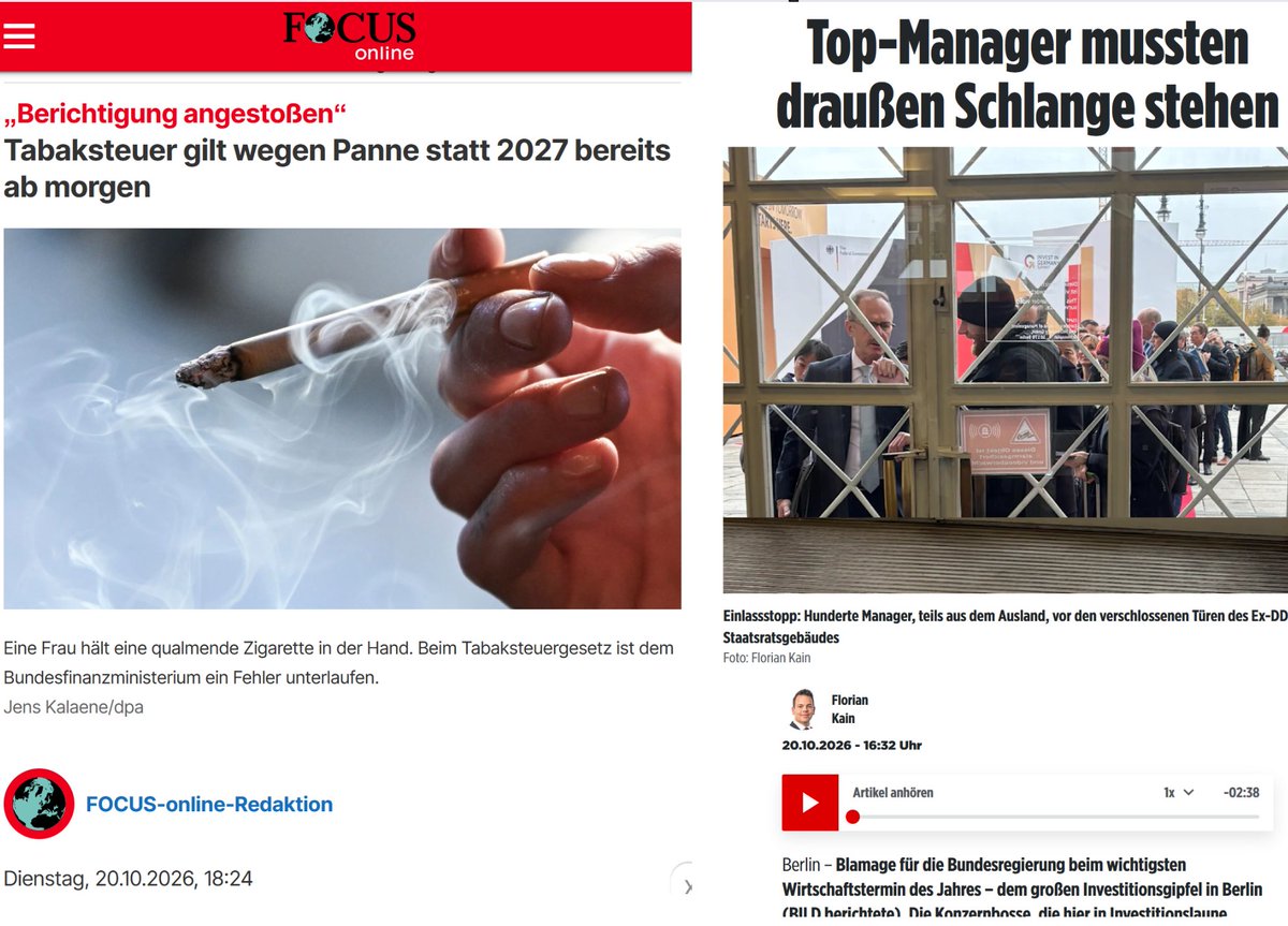 SHomburg's tweet photo. Zwei Nachrichten von heute
1. Höhere Tabaksteuer tritt morgen statt am 1.1.2027 in Kraft, weil Klingbeil einen technischen Fehler gemacht hat.
2. Merz lässt auf seinem bombastischen Gipfel internationale Topmanager in der Kälte warten, als wären sie Immigranten.

Hintergrund: Die Regierung hat sich durch Selbsthypnose (Rechtsradikale, Klimakatastrophe, Putin und Mullahs) so fertig gemacht, dass sie keine handwerklich ordentliche Arbeit mehr abliefern kann. Das ist gefährlicher als alle rotgrünen Ideologien zusammen. Die Qualität sinkt umgekehrt proportional zum gewaltigen Bürokratieaufbau.