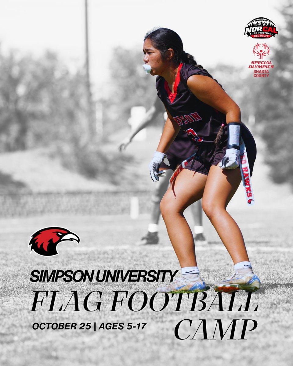 SimpsonU's tweet photo. Join Simpson University, NorCal Flag Football Red Bluff &amp; Special Olympics Shasta County on Oct. 25 for an inclusive FREE flag football camp welcoming young athletes and Special Olympics athletes of all ages.

Register here: https://t.co/q34GJJyovW https://t.co/ZbBs6WuihU