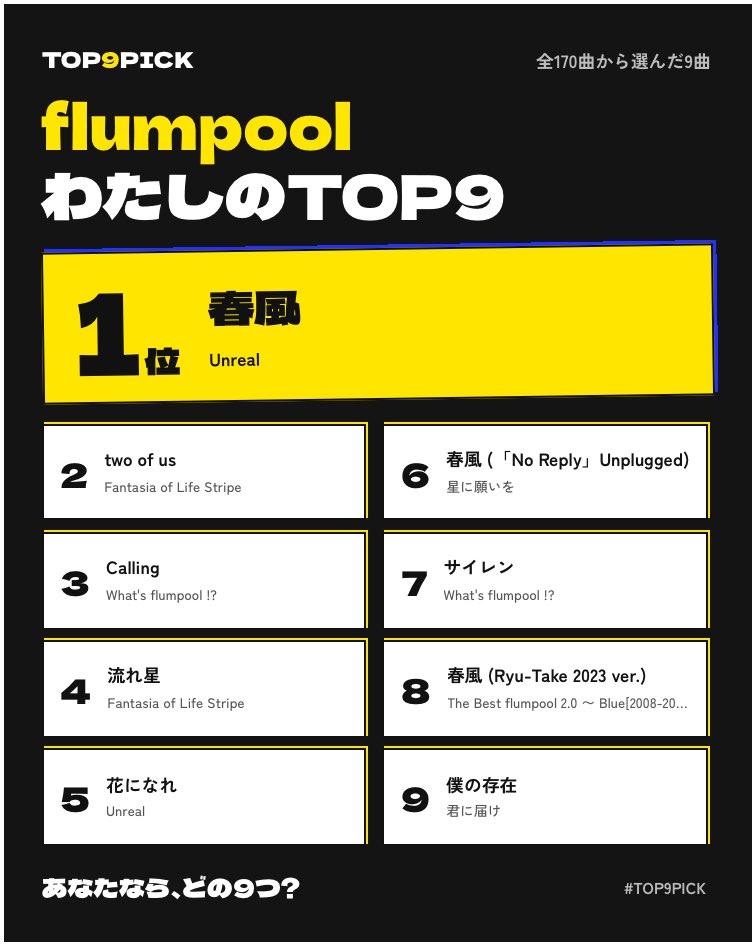 shinon_nico2525's tweet photo. わたしのflumpool TOP9
https://t.co/lNqgXk2pud
#TOP9PICK #flumpool
via X @top9pick_ / Instagram・Threads @top9pick
私のflumpoolは、これ。 https://t.co/WsjiugFyJW