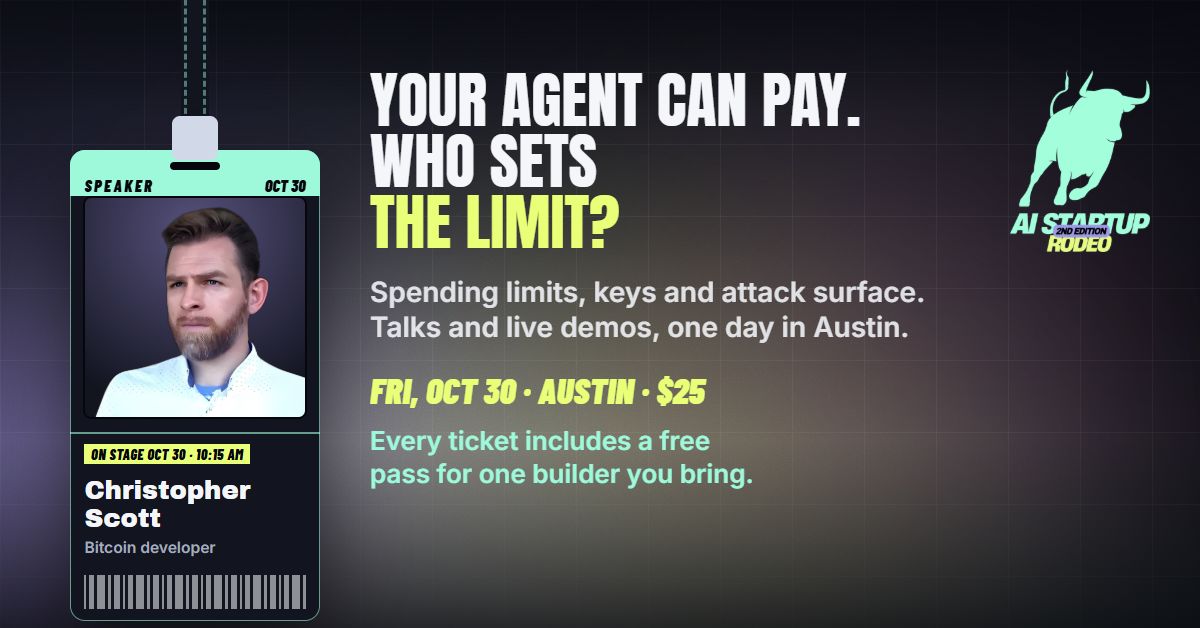 AIStartupRodeo's tweet photo. An agent calls a paid API. It has to pay without a person in the loop. The builders working on that are in one room in Austin on October 30. Edition 02: Machine-to-machine payments. https://t.co/LbXwOdDmgF #AustinTechWeek https://t.co/8E2YxZpCBm