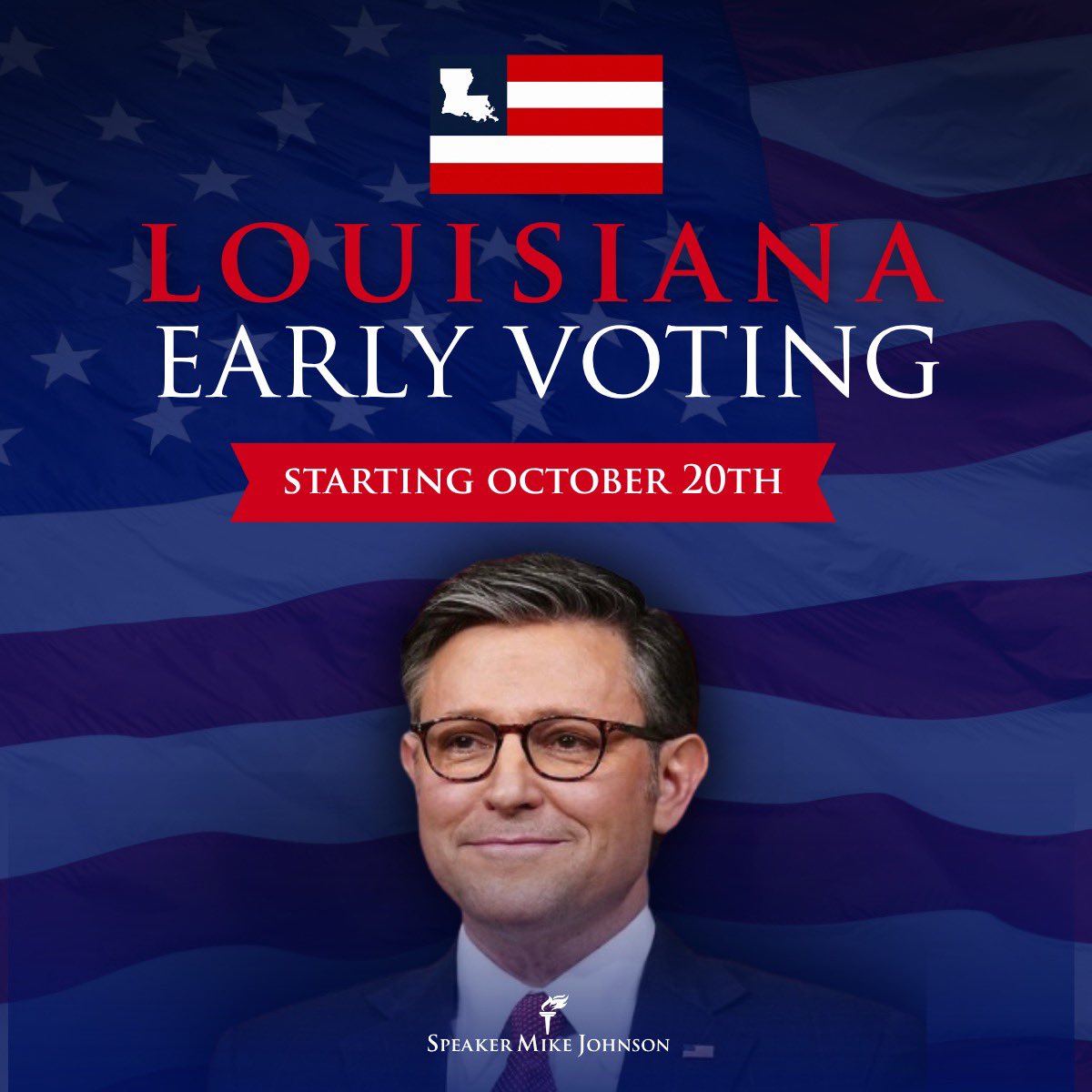 MikeJohnson's tweet photo. Early voting in Louisiana starts TODAY! 

I'm grateful for the opportunity to represent the 4th District and serve you. Together, we will continue defending common sense and the foundational principles that have made Louisiana and America great! Get out and vote TODAY! 🇺🇸 https://t.co/q8Ao942s0h