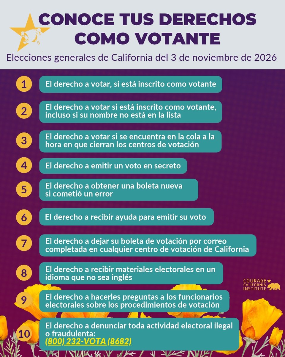 CourageCA's tweet photo. ⭐️🗳️ California protects the rights of voters. Learn your rights as a voter and keep your friends and family informed about theirs, too!

⭐️ You can access the California Voter Bill of Rights in 34 languages on the California Secretary of State's website: https://t.co/2fw1Qq6GV6 https://t.co/32n3urTTJG