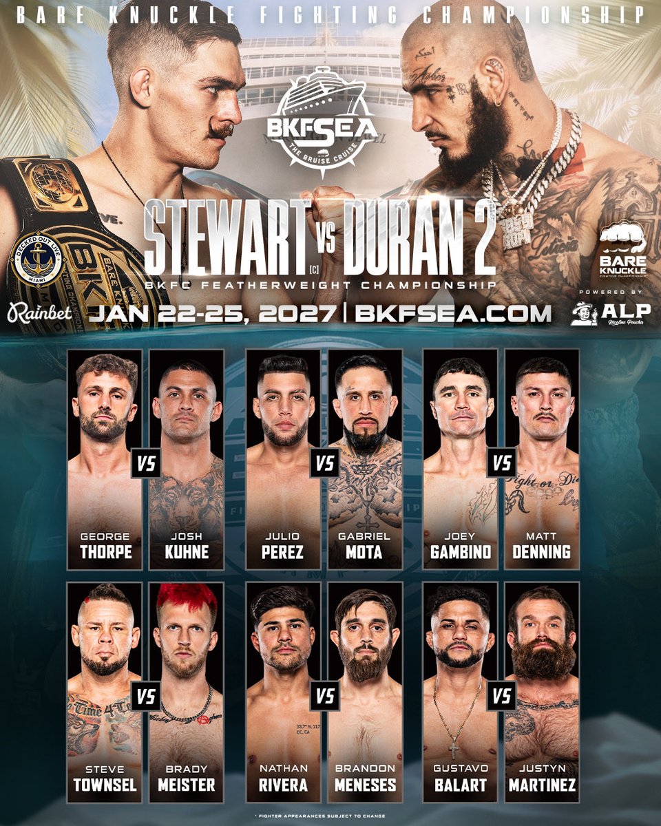 bareknucklefc's tweet photo. 🚨ATTENTION ON DECK! STEWART vs DURAN II HEADLINES THE BRUISE CRUISE 🚢 

#BKFSEA | Jan 22-25 | Cabin prices go up Oct 31 - Book today and save! ➡️ https://t.co/34HvfhiQIT https://t.co/sEV1bv1QeC