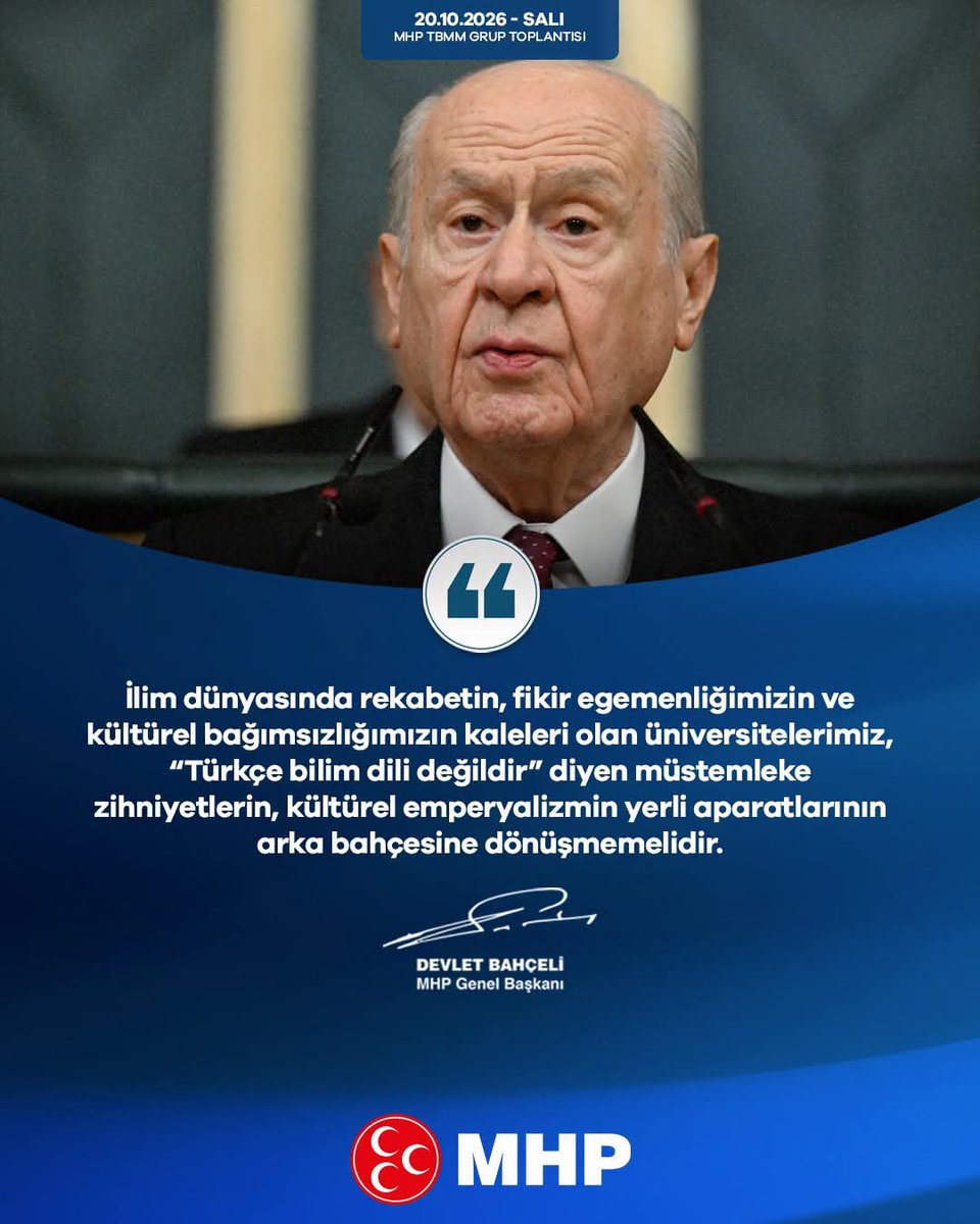 _MHPistanbul_'s tweet photo. İlim dünyasında rekabetin, fikir egemenliğimizin ve kültürel bağımsızlığımızın kaleleri olan üniversitelerimiz, “Türkçe bilim dili değildir” diyen müstemleke zihniyetlerin, kültürel emperyalizmin yerli aparatlarının arka bahçesine dönüşmemelidir.

MHP Genel Başkanı
Devlet BAHÇELİ https://t.co/DObeZCCNQw