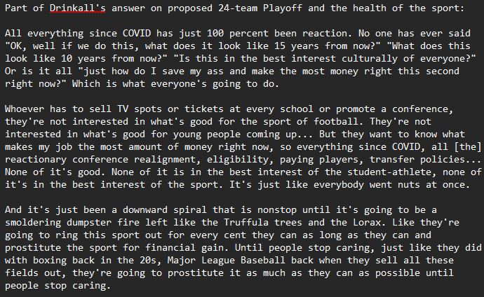 bythebelt's tweet photo. Here is (part) of Central Michigan head coach Matt Drinkall's quote in opposition to the proposed 24-team  College Football Playoff: https://t.co/SzcEQiRg3D