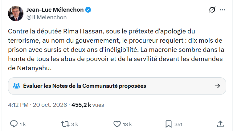 conspiration's tweet photo. [DÉSINTOX] Dans un tweet publié il y a 3 heures, Jean-Luc Mélenchon accuse le magistrat du parquet qui a requis cet après-midi 10 mois de prison avec sursis et 2 ans d'inéligibilité contre Rima Hassan de s'être fait dicter sa copie par le gouvernement - lequel agirait comme un pantin du Premier ministre de l'Etat d'Israël...
#Thread 🧵