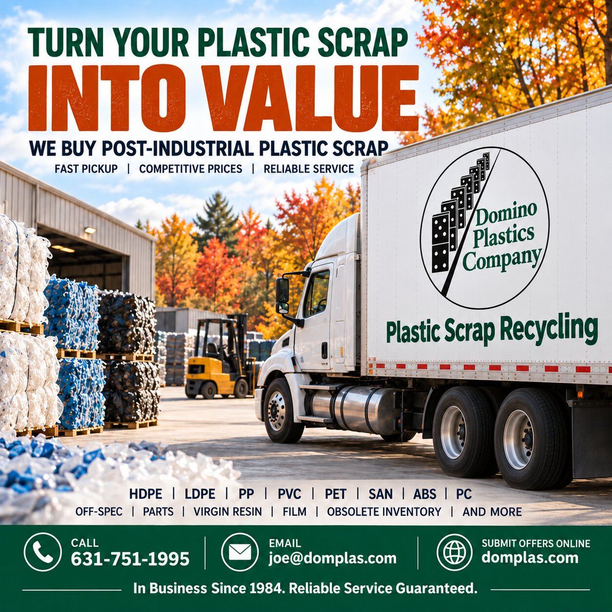 Domplas's tweet photo. Turn your plastic scrap into value with Domino Plastics. We buy post-industrial plastic scrap and offer fast pickup, competitive prices, and reliable service.  Call 631-751-1995, email joe@domplas.com, or submit offers online at https://t.co/eJik3VpqtI.
#webuyscrap https://t.co/3dxLMTKJzE