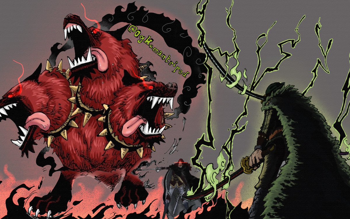 OgHumanTripod's tweet photo. #ONEPIECE 

-Swordsman vs Swordsman
-Enma vs Cerberus
-King of the Underworld vs Guardian of the Underworld
-3 Sword style vs 3 Sword style
-3 headed Ashura vs 3 headed Cerberus
-Paralleling Mihawk's jouney to WSS by defeating Shanks' twin brother before he fights Mihawk
etc https://t.co/SWO8hy8vDz