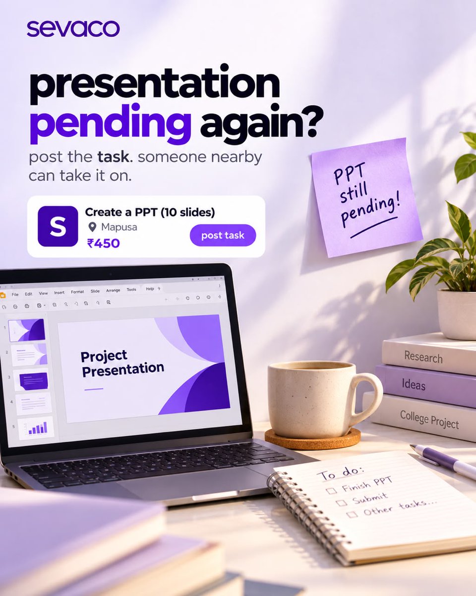 SevaCosocial's tweet photo. Presentation deadline approaching? 💻😅

Post your PPT task on Sevaco, find the right helper, and get it done stress-free! 📊🚀

📲 Download Sevaco — link in bio! 👆

#Sevaco #TaskPoster #Goa #PresentationDesign #EverydayTasks https://t.co/zC1cjOTuZi