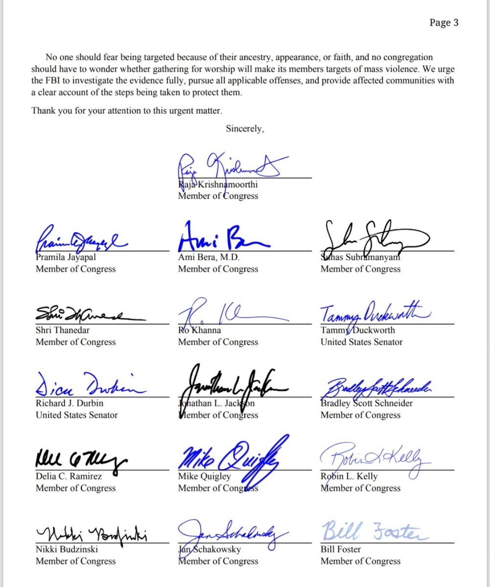 sidhant's tweet photo. BREAKING: 105 US lawmakers, led by Lawmaker Raja Krishnamoorthi, write to FBI Chief Kash Patel to investigate the foiled shooting plot at an Illinois Hindu temple as a "potential federal hate crime"; Point to rising "online hostility toward Indians..." https://t.co/Jluzo43dIZ