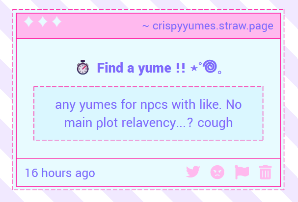 CrispyYumes's tweet photo. 🍪 ˗ˏˋ ꒰ Find a Cookierun Yume !! ꒱ ˎˊ˗

— any yumes for npcs with like. No main plot relavency...? cough https://t.co/dLNrD263Ed