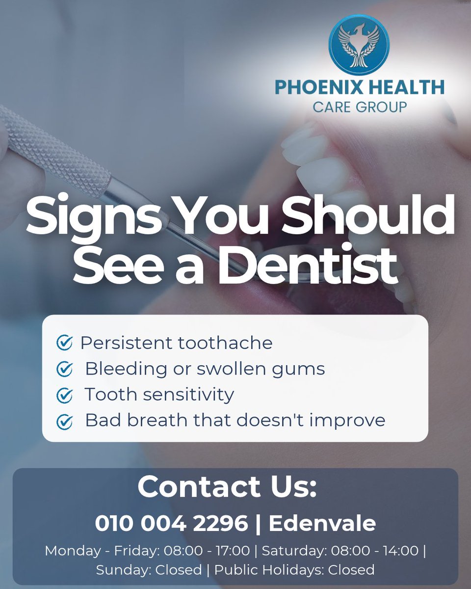 Phoenix_HCG's tweet photo. 🦷 Your mouth may be trying to tell you something! 👀

Persistent toothache, bleeding gums, sensitivity or bad breath? Don’t ignore the signs. These could indicate an underlying dental problem.

#DentalHealth #OralHealth #HealthySmile #PhoenixHealthcare https://t.co/XiLjEMSJRv