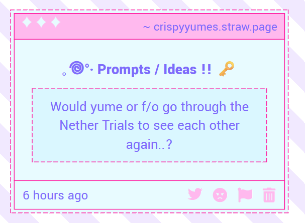 CrispyYumes's tweet photo. 🍪 ˗ˏˋ ꒰ Prompt ꒱ ˎˊ˗

— Would yume or f/o go through the Nether Trials to see each other again..? https://t.co/SDivxZUxn6