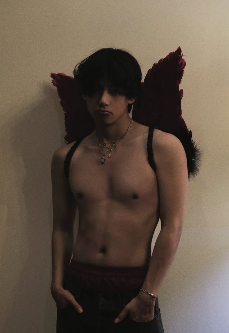 straykpopguy's tweet photo. This Tae but in red lace panties to match his wings 🙈🤤🫠 https://t.co/CzrnVv7u1L