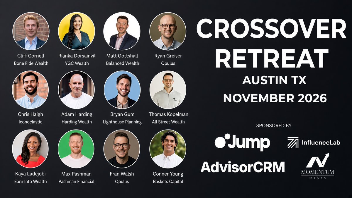 conneryoungBC's tweet photo. BIG ANNOUNCEMENT! 🚨 🚨 🚨 

We have been keeping a HUGE SECRET. We’ve been planning the biggest surprise event for almost a whole year for financial advisors that are building the best practices in the US.

Our podcast, Advisor Freedom, has (amazingly!) exploded over the last 18 months and has been so much fun to run.

We thought the greatest way to celebrate that is to do the opposite of what every podcast seems to do (World Tours) and instead host an awesome and massive event for incredible financial advisors in Austin TX!

Soooo, we are excited to host the Inaugural Crossover Retreat!

I am obsessed with learning from other financial advisors (especially these superstars) on how they’re building their practices, growing their firms/social media reach and utilizing AI everyday.

That’s exactly what Crossover is for. Sharpening with and learning from some of the best minds in the same room.

If you want more info comment CROSSOVER and I'll send you info and event details.

Big thank you to our sponsors: @JumpAdvisorAI , AdvisorCRM , InfluenceLab and Momentum Media

Excited to explode with this year’s cohort!

@cliffcornell_ - Bone Fide Wealth
@Rianka_D - Founder, YGC Wealth
@matt_gottshall  - Balanced Wealth Group
@Greiser  - Co-founder, Opulus
Bryan Gum - Founder, Lighthouse Planning
@iconocapital - Founder, Iconoclastic Capital
@hardingwealth - Founder, Harding Wealth
@TakeActionCopy - Founder, Influence Lab
@TKopelman - Co Founder, All Street Wealth
Kaya Ladejobi - Founder, Earn Into Wealth
@maxpashman - Founder, Pashman Financial
@FranWalsh73 - Co Founder, Opulus

And we’re not done with surprises (👀)… Stay tuned!!!