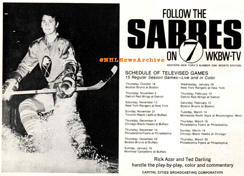 NHLNewsArchive's tweet photo. Follow the 71-72 #Sabres on WKBW-TV #Buffalo. 
15 televised games this year - live and in color!
With Rick Azar and Ted Darling at the mikes. https://t.co/ckcNLvE93Y