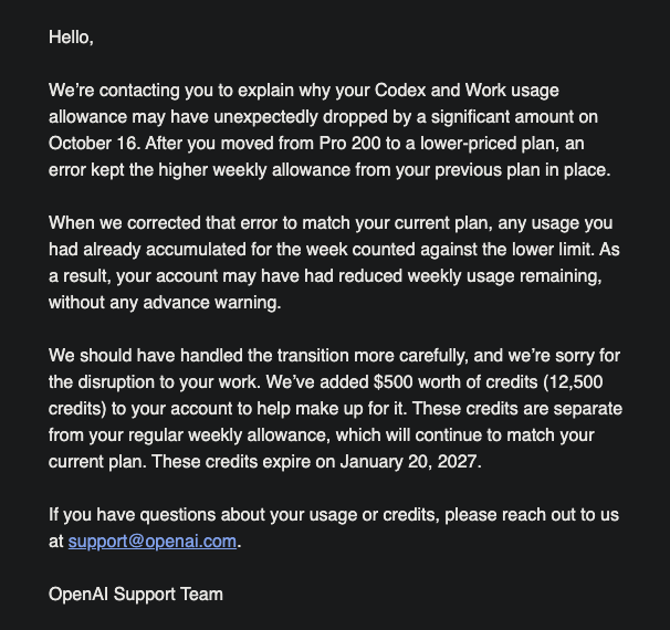 LuminaBench's tweet photo. OpenAI have addressed the usage limit issue

Just got this email from them essentially giving effected users $500 worth of credits to make up for the issue https://t.co/NtT5Dpv8eO