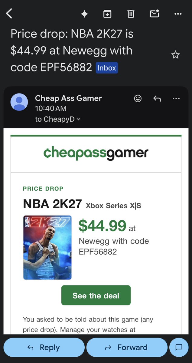 CheapyD's tweet photo. Very cool to get a @videogamedeals price drop alert while at the gym today. Fun fact: CAG’s price drops aren’t just triggered by data feeds and such! 

If you set a price alert on a game and @thorbahn3 posts about it on @videogamedeals, you also get a text/email/push alert! https://t.co/6YQhf4b7CN