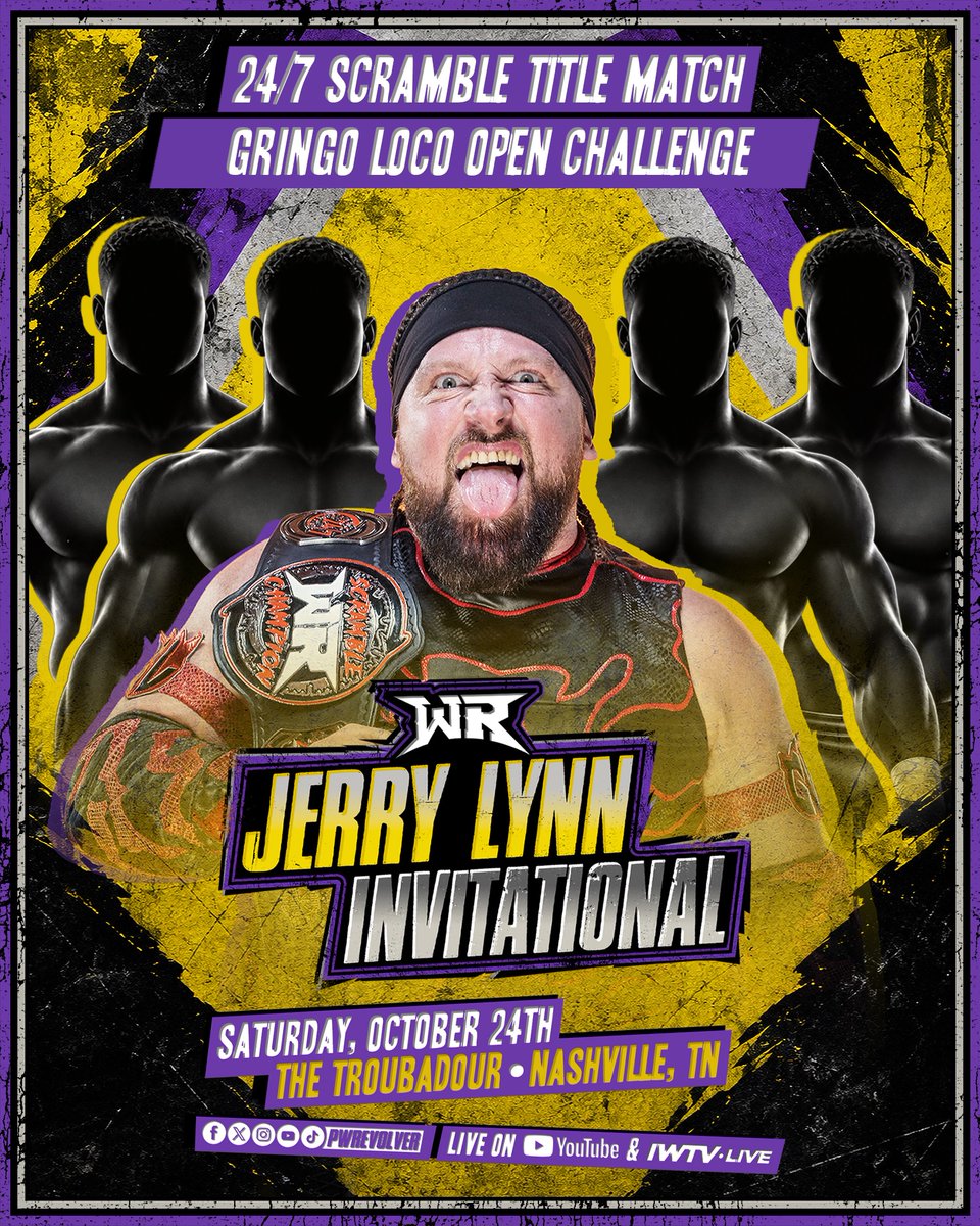 PWRevolver's tweet photo. [BREAKING]

*Just Signed*

24/7 Scramble Title Match
Gringo Loco Open Challenge

This Saturday at 8pmCT//9pmET
#RevolverJERRY
Nashville, TN
LIVE on YouTube &amp; IWTV

TIX: https://t.co/OjniPpyhtn https://t.co/elxHSrPOXD