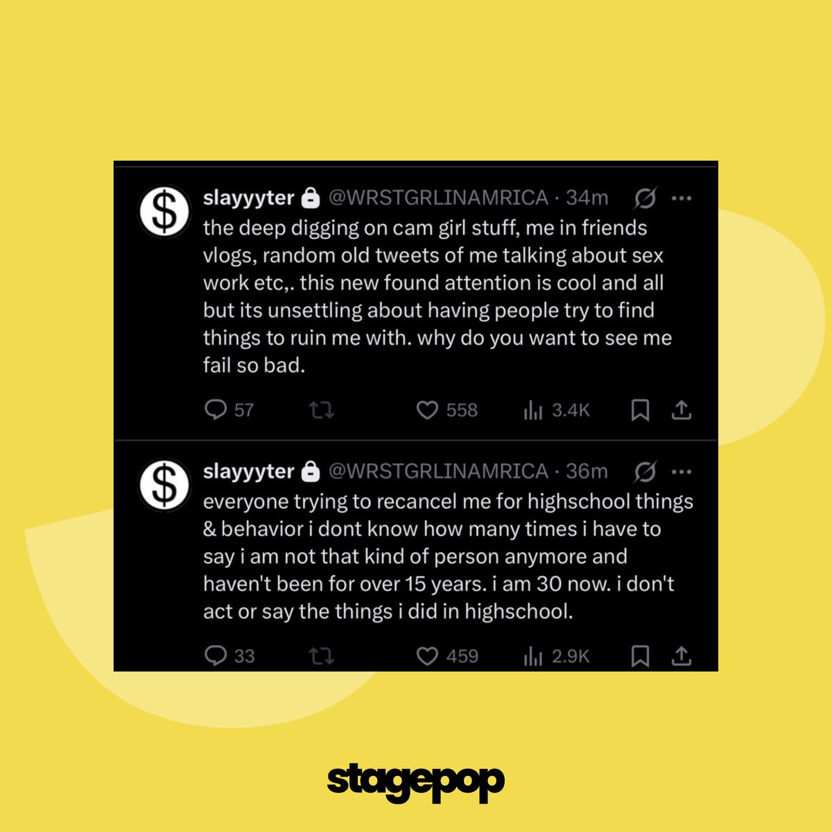 stagepopbr's tweet photo. A cantora Slayyyter se pronunciou após resgatarem tweets racistas publicados por ela quando tinha 15 anos:

“Ficar investigando meu passado com conteúdo adulto, me procurar em vlogs de amigos e em tweets antigos aleatórios nos quais eu falava sobre sexo e trabalho sexual… Essa atenção repentina é legal e tudo mais, mas é perturbador ter pessoas tentando encontrar coisas para me destruir. Por que vocês querem tanto me ver fracassar?

Todo mundo está tentando me cancelar por coisas e comportamentos da época do ensino médio. Quantas vezes vou ter que dizer que não sou mais esse tipo de pessoa e que não sou assim há mais de 15 anos? Tenho 30 anos agora. Não ajo nem digo as coisas que dizia no ensino médio.”