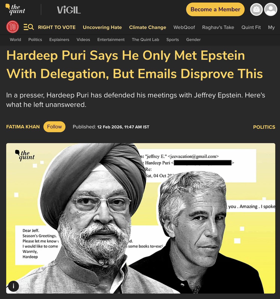 TheDeshBhakt's tweet photo. 🚨 Harpeep Puri has taken great pains to explain that he only met Epstein for official work and as part of a delegation. However e-mails & now images from the US Department of Justice - suggest otherwise.
🚨 Puri avers that he was not aware of Epstein's character when he first interacted with him - though the man had already served 13 months time after pleading guilty to solicitation of prostitution and solicitation of prostitution with a minor
🚨 While we do not know the exact details / minutes of the meeting between Puri & Epstein... its odd that as the Vice President of the International Peace Institute...he didn't know that Epstein used the UN affiliated non-profit to influence and control women.
🚨 Forget all the data - IMAGINE the kind of chaos in Indian politics / mainstream media - if the man with Epstein had been from any other party. (But in Puri's case - a splintered opposition might allowed him a quiet retirement that is being readied)