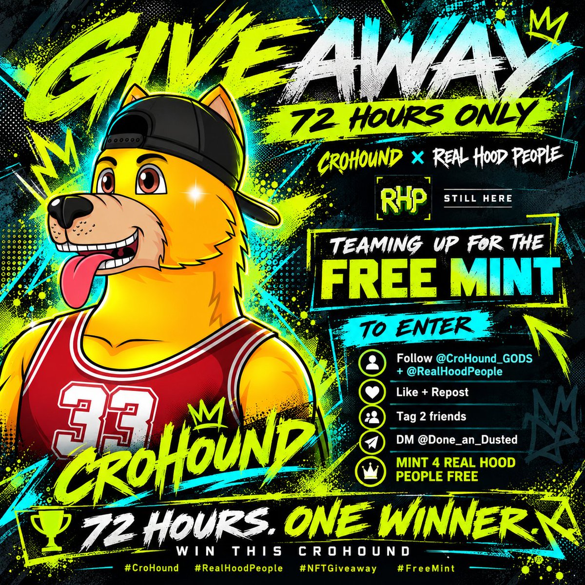 CroHound_GODS's tweet photo. 🔥 72HR GIVEAWAY!

We teamed up with @RealHoodPeople for their FREE MINT!

Win this CroHound!
❤️ Follow @CroHound_GODS + @RealHoodPeople
🔁 Like + Repost
👥 Tag 2 friends

DM @Done_an_Dusted to mint 4 Real Hood People for free.

#NFTGiveaway #RealHoodPeople #CroHound #StillHere https://t.co/t4YDTPXh8t