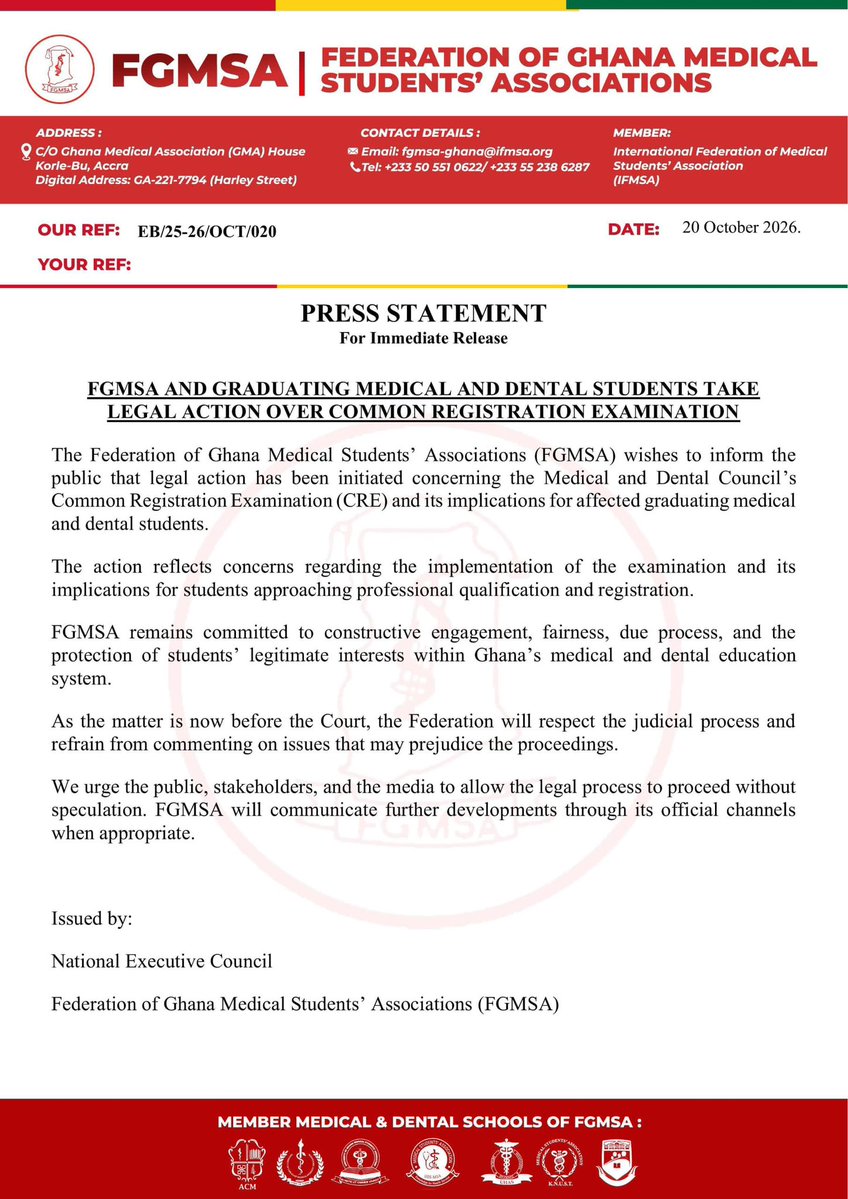 PoetKearls's tweet photo. Dear Ghana 🇬🇭, 

On 2 October, we questioned the MDC CRE
Today, those concerns are before the courts

Professional rigour and procedural fairness are not competing imperatives. Both must endure scrutiny

We defer to the judicial process

Read FGMSA’s statement below👇🏿
#RethinkCRE https://t.co/10zGoDqoM6