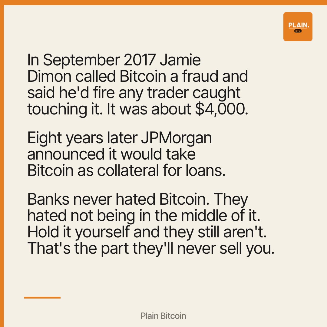 PlainBTC's tweet photo. In September 2017 Jamie Dimon called Bitcoin a fraud and said he'd fire any trader caught touching it. It was about $4,000.

Eight years later JPMorgan announced it would take Bitcoin as collateral for loans.

Same bank. The only thing that changed is they worked out how to charge you for it.

Banks never hated Bitcoin. They hated not being in the middle of it.
Hold it yourself and they still aren't. That's the part they'll never sell you.