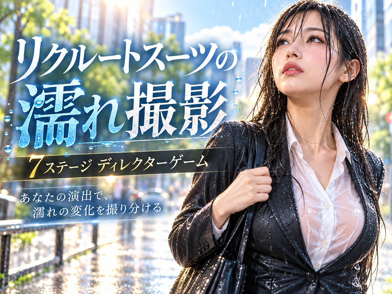 OLSmanager's tweet photo. シミュレーションゲーム��リクルートスーツの濡れ撮影」（プロトタイプ版）を来月上旬の公開に向けて準備をすすめております。

あなたが撮影ディレクターとなって、リクルートスーツ女子大生のずぶ濡れ雨撮影を実施します。

■過去の無料ゲーム一覧
https://t.co/ZbC5E5RTzF https://t.co/00RLUtzUhe