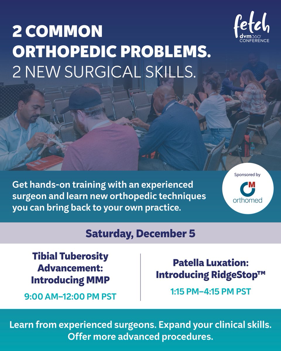dvm360's tweet photo. Cruciate ruptures and luxating patellas walk into your exam room every week. Learn to fix them in house with experienced surgeon Scott Rutherford, BVMS, CertSAS, DECVS, MRCVS.

16 veterinarians per lab. Secure your spot here: https://t.co/AhFXKSATFL

Sponsored by Orthomed https://t.co/zIpcx3kc9w