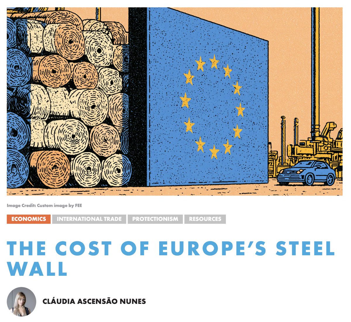 feeonline's tweet photo. "Steel tariffs protect producers at the expense of the businesses that depend on them.

As of July 1, the European Union has capped duty-free steel imports at about 18.3 million tonnes (20.2 US tons) a year, 47% below 2024 quota levels. Regulation (EU) 2026/1384 also doubles the duty on imports that exceed those limits, from 25% to 50%.

Brussels justifies these measures by pointing to global overcapacity and the need for strategic autonomy."
- @claudiashandi