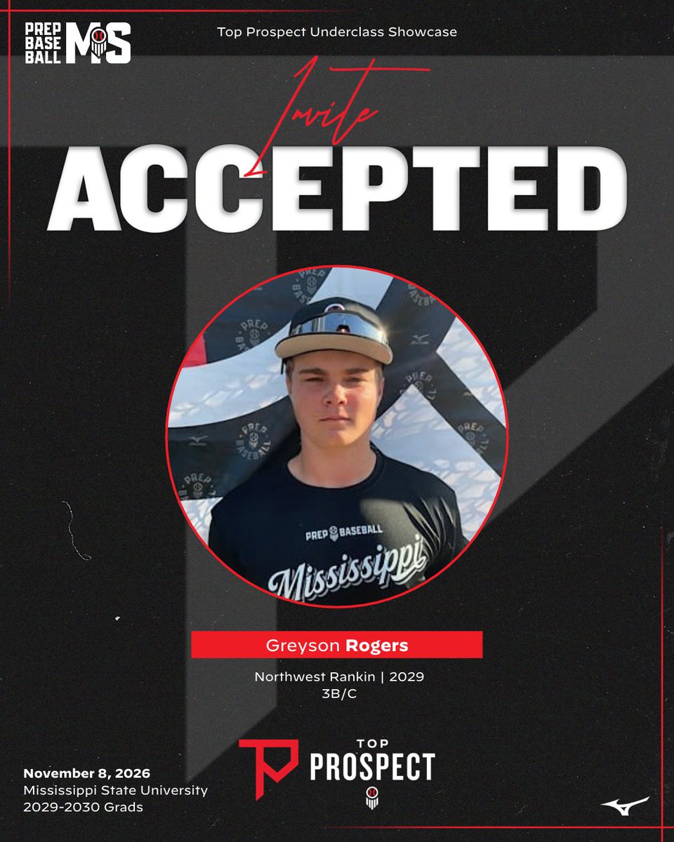 PrepBaseballMS's tweet photo. #𝐌𝐒𝐓𝐏𝐔𝐒𝟐𝟔: 𝐈𝐧𝐯𝐢𝐭𝐞 𝐀𝐜𝐜𝐞𝐩𝐭𝐞𝐝 👏

'29 3B/C Greyson Rogers (@NWR_Baseball) is 𝐋𝐎𝐂𝐊𝐄𝐃 𝐈𝐍 🔐 and set to attended the Mississippi Top Prospect Underclass Showcase at Dudy Noble Field in Starkville, MS on November 8th. 👀

Limited spots remain for our top invite-only event of the fall, request your invite below. ⤵️

🖇️: https://t.co/N5toDny7UT