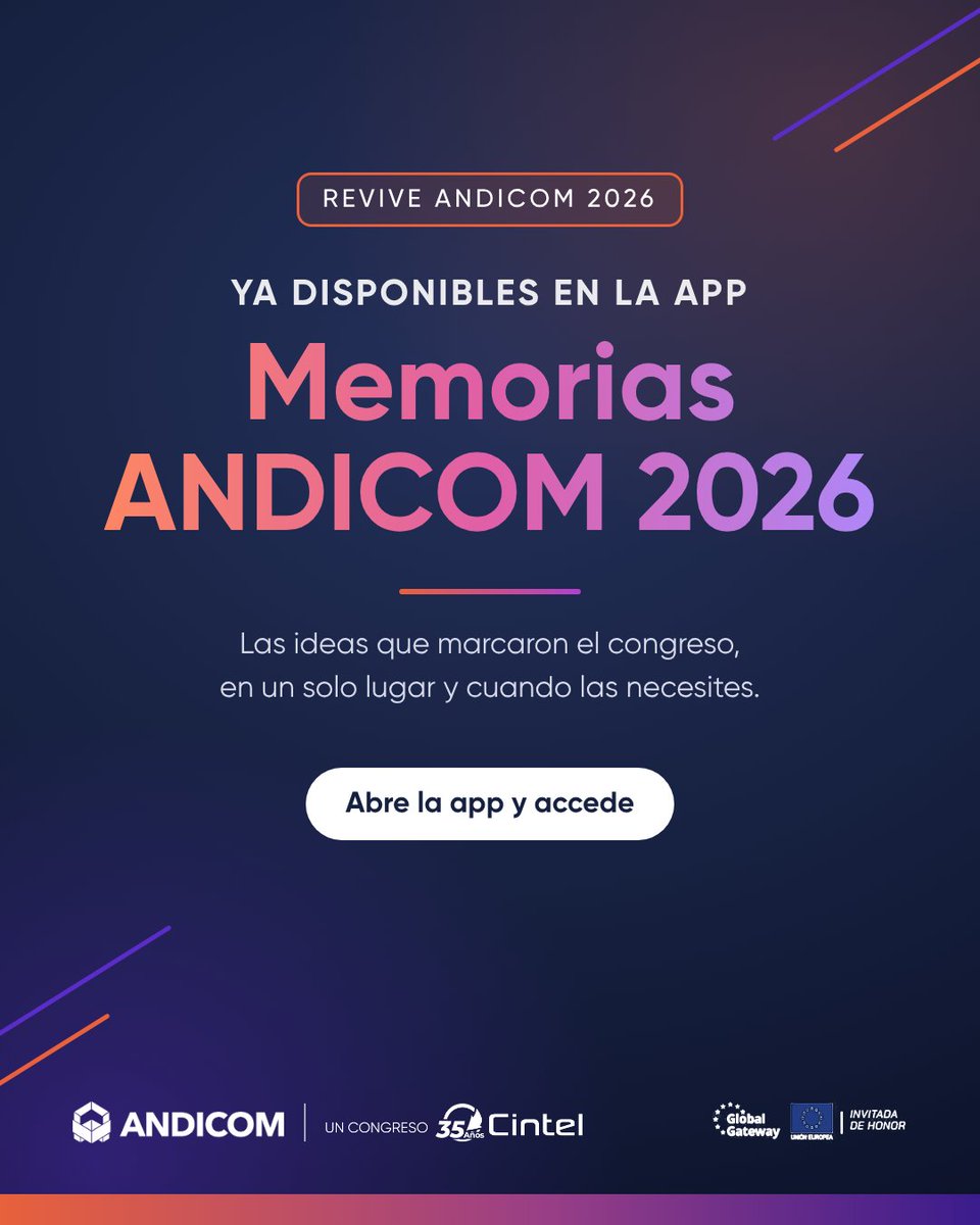 ANDICOM's tweet photo. ¿Te perdiste una conferencia del Main Academic Forum o quieres volver a verla? 🎬

Ya están disponibles las memorias de #ANDICOM2026 en la app oficial 📲

¿Cómo acceder?
1️⃣ Abre la app de ANDICOM 2026
2️⃣ Ingresa con el mismo usuario de tu registro
3️⃣ Entra a Agenda Académica
4️⃣ Filtra por Ubicación: Salón Nueva Granada (Plenaria A+B / Main Academic Forum)
5️⃣ Elige la sesión de tu interés
6️⃣ Mira la grabación completa

Revive las conversaciones que marcaron el congreso.

¡Gracias por ser parte de ANDICOM 2026! 

*Exclusivo para asistentes al Congreso

#ANDICOM2026 #UnleashingThePowerOfAI