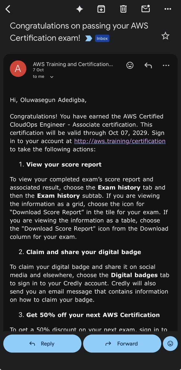 cloudsege's tweet photo. Passed the AWS CloudOps Engineer Associate exam. Thank God🙏🏾 https://t.co/vBXbeITZQ1